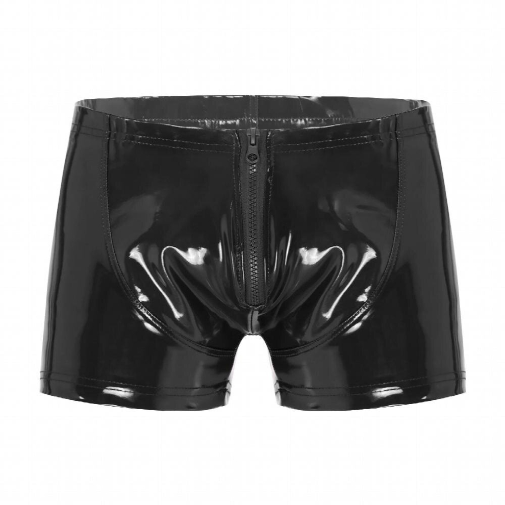 Mens Wet Look Patent Leather Shorts Zipper Front Boxer Brief Underpants Nightclub Bar Stage Performance Costume Sexy Clubwear