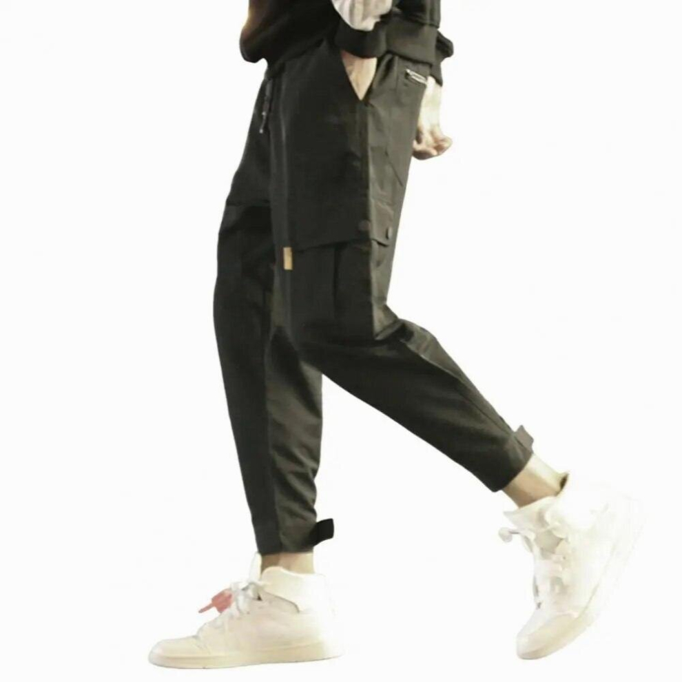 Men Work Pants Solid Pockets Drawstring Loose Mid Waist Spring Autumn Ankle Tied Cargo Trouser Streetwear 885671603466