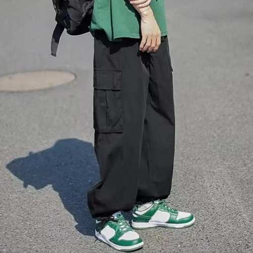 Men Trousers Solid Long Pants Pockets Wide Leg Cargo Trousers 1