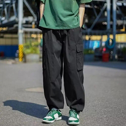 Men Trousers Solid Long Pants Pockets Wide Leg Cargo Trousers 2