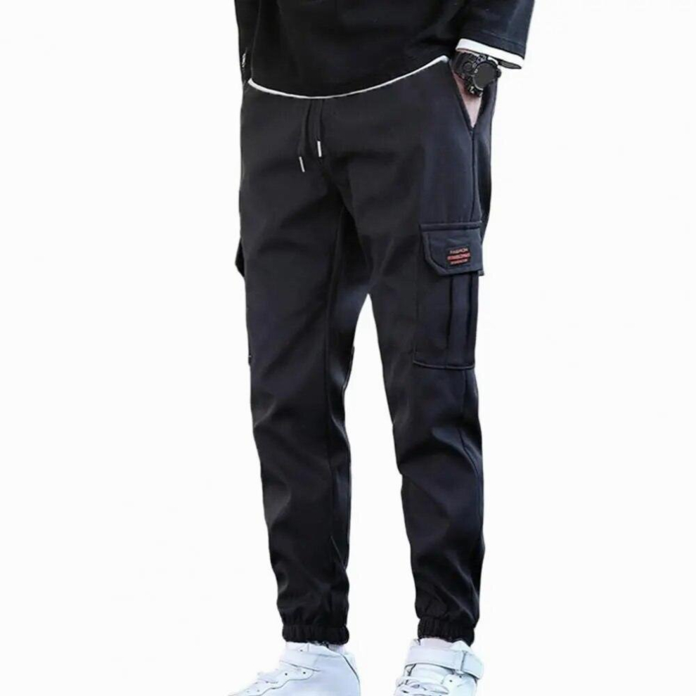 Men Pants Solid Pockets Drawstring Plush Lining Cold Proof Autumn Winter Thicken Ankle Tied Cargo Pants For Working 885671608379