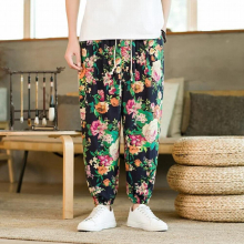 Chinese mens casual thin cotton and linen harem pants retro mens nine-point bloomers