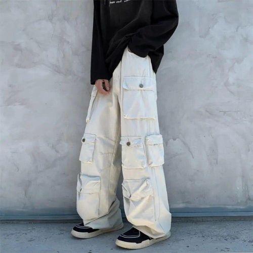 Men Long Pants Solid American Men Overalls Washable Buttons Cargo Pants 1