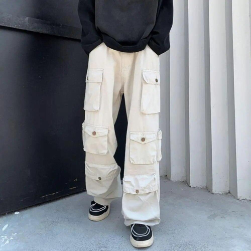 Men Long Pants Solid American Men Overalls Washable Buttons Cargo Pants 2