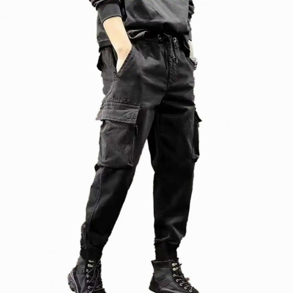 Men Pants Solid Pockets Drawstring Plush Lining Cold Proof Autumn Winter Thicken Ankle Bonded Cargo Pants For Work 885671625215