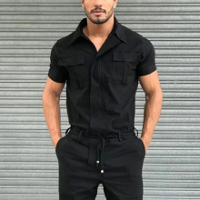 Casual Mens Overalls Street Wear Jumpsuit Fall Men Short Sleeve Basic Work Coverall Male Pure Cargo Overalls