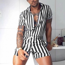 Men Striped Rompers Short Sleeve Button Shorts Lapel Jumpsuit Drawstring Streetwear Casual Playsuit Hombre