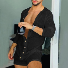 Men Single Breasted Playsuits Solid Wetlook Jumpsuits Long Sleeve Open Crotch Rompers Onesie Bodysuits Sexy Mens Clothing