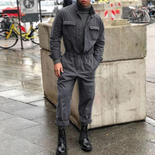 Mens One Piece Jumpsuit Bodysuit Stand Collar Solid Leisure Costume Street Style Clothing Autumn Winter Streetwear