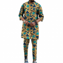 3/4 Sleeves Tops With Pants Mens Printed Suit Male Nigeria Outfits African Wedding Party Garments