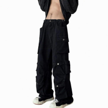 Men Cargo Pants Street Style Pockets Men Overalls American Solid Retro Trousers Loose Straight Mid Waist Overalls