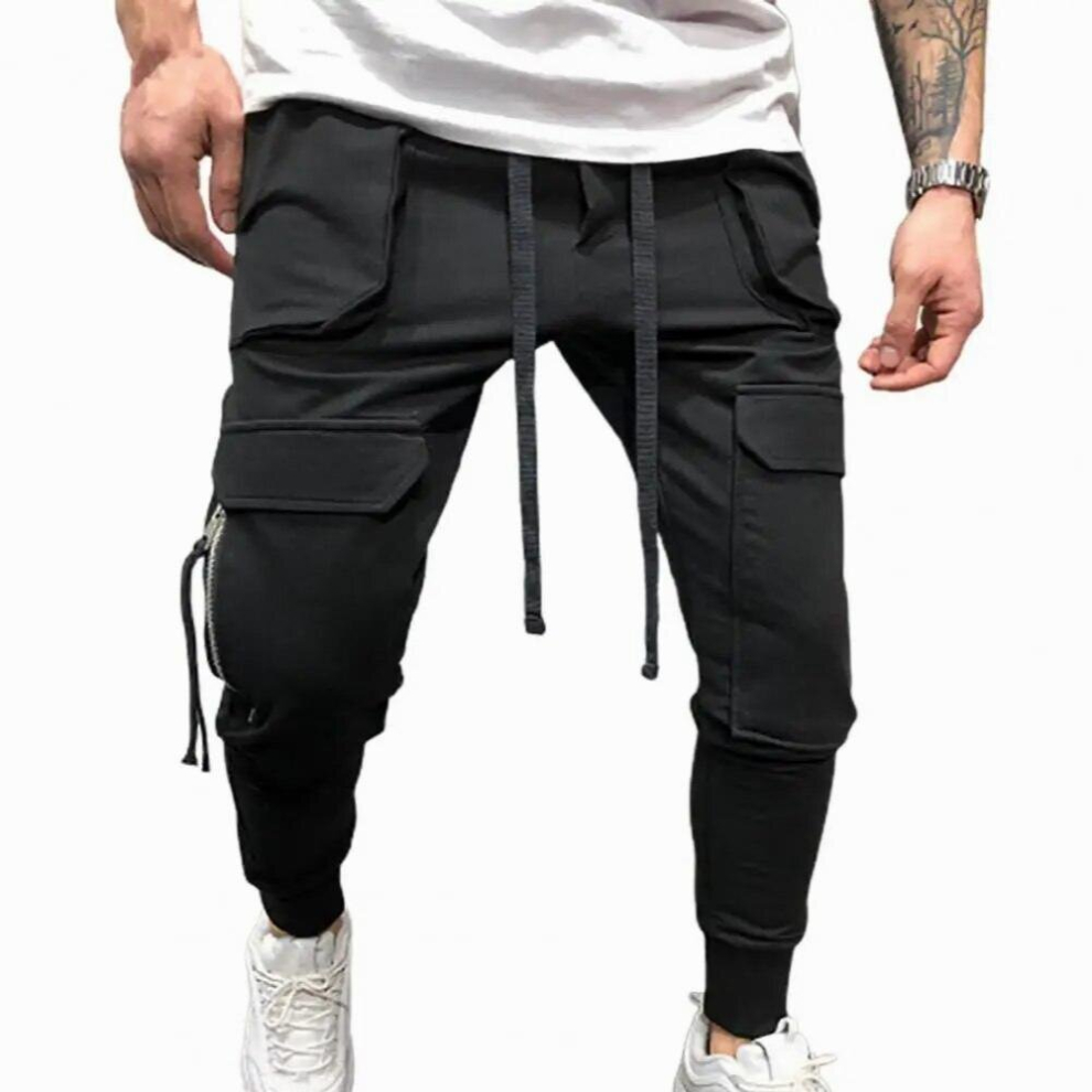 Pockets Elastic Waist Training Trousers Ribbed Ankle Solid Drawstring Men Cargo Pants Workwear 885671623754