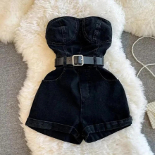 tube denim waist one piece shorts womens creative retro street wide leg overalls