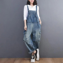 Womens Denim Overalls Autumn Loose Casual All-match Do Old Multi-pocket Patchwork Sleeveless Vintage Jumpsuit