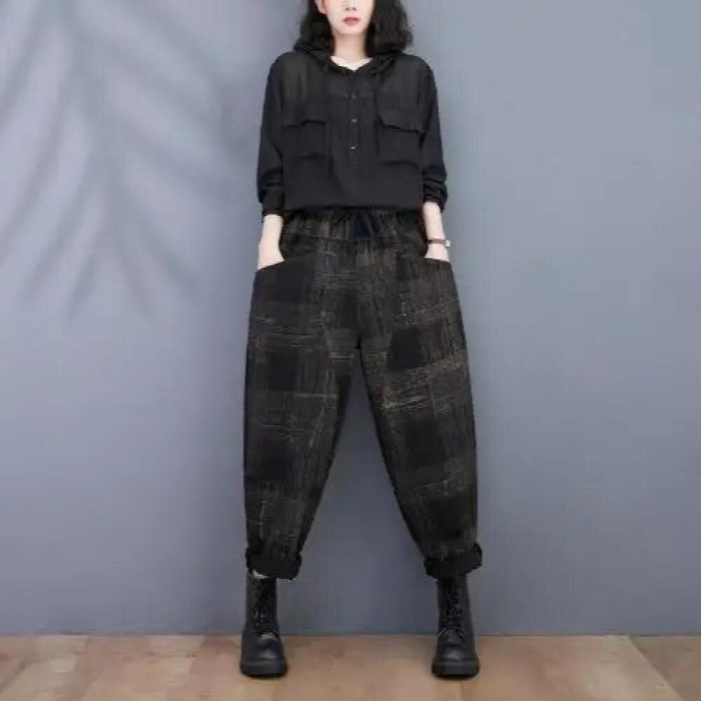 Autumn Retro Plaid Haram Pants Jeans Female Leisure Elastic Waist Pockets Loose Drawstring Women Trousers-image-OPC-PCQSMC8-NEW