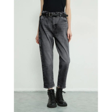 Elastic Waist Gray Boyfriend Jeans With Belt Casual Streetwear Harem Jeans Vintage Washed Loose Denim Pants