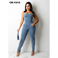 Women Denim Overalls Lace Up Open Back Sleeveless Pencil Romper Jeans