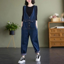 Vintage Denim Overalls Womens High Waist Pants Autumn Loose Casual All-match Single-breasted Trousers One-piece Pants