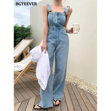 Summer Loose Women Suspender Denim Trousers Casual Sleeveless Pockets Ladies Wide Leg Overalls Jeans Pants