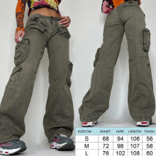 (Grey Gold-M) Retro Gray Overalls Jeans Womens Low Waist Cargo Pants 90S Streetwear Pockets Wide Leg Straight Overalls Casual