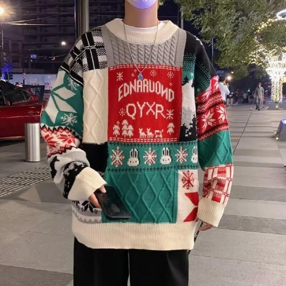 Winter Warm Knitted Round Neck Sweater Men Christmas Couple Print Snow Knitted Top Harajuku Style Retro Sweater Pullover-image-OPC-PCQSQSC-NEW