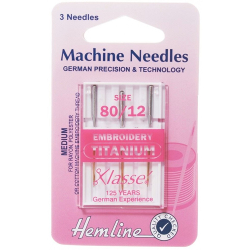 Hemline Titanium Embroidery Machine Needles - per pack of 3