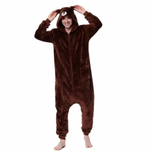 Mens Bear Onesie Funny Pajama Flannel Soft Warm Outfit Zipper Sleep Jumpsuit Animal Cartoon Suit Halloween Party Homewear Adult