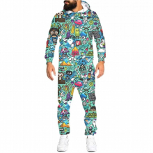 3D Multi-element Graffiti Printed Loungewear Pajamas Hip Hop Unisex Loose Women Hooded Zip Open Sleepwear Onesies Jumpsuits