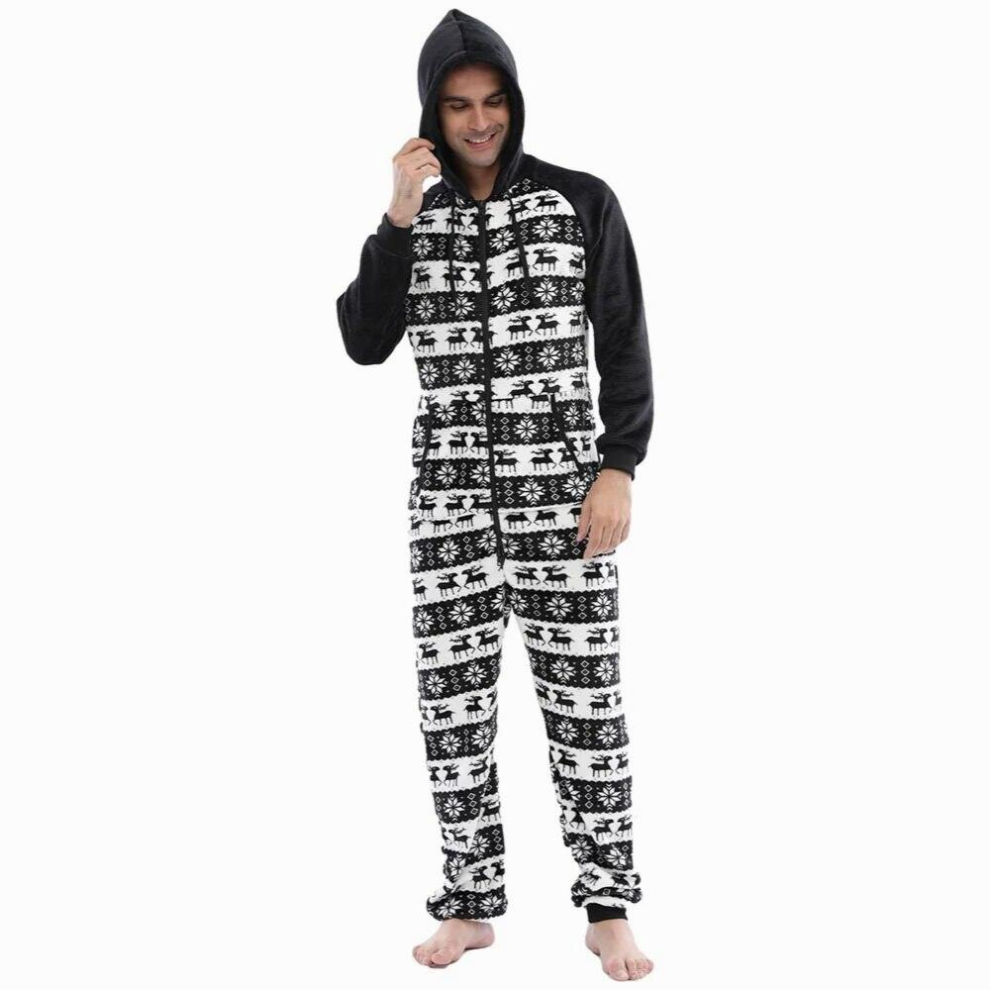 Men Jumpsuit Pajama Warm Fleece Onesie Christmas Elk Print Long Sleeve Pajamas Flannel Zipper Hoodie Leisure Man Onesie Adults