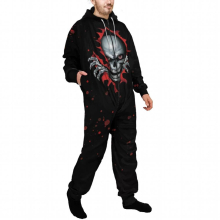 Men Hooded Onesie Halloween Skeleton Print Pajama Sleepwear Zipper Onepiece Homewear