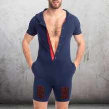 Men Casual Solid Onesie Short Sleeve Sleep Lounge Adult Sleepwear One Piece Pyjamas Male Jumpsuits Hooded Cardigan Onesies Set