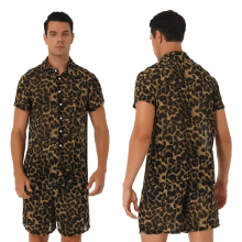 Men See-through Underwear Sexy Leopard Print Summer Home Set Turn-down Collar Short Sleeve T Shirt with Shorts Club Sexy Outfit