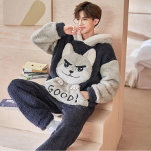 Winter Men Pajamas Thick Couple Sleepwear Large Bust Women Pajama Set Flannel Cartoon Velvet Sweatshirt Hooded