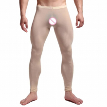 Sexy Men Long Johns See-Through Pants Tights Ice Silky Leggings Trousers Underwear U Convex Mens Wrestling Singlet Long Johns