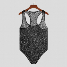 Men Bodysuits Pajamas Mesh Transparent Sleeveless Tank Tops Romper Sexy Lace Underwear Men Homewear Tank Bodysuit