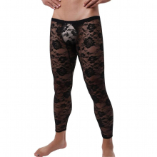 Men Long Pants Sexy Lace Transparent Printd Sexy Gay Underwear Men Tight Legging Long Johns Skinny Fitness Riding Sleep Bottoms