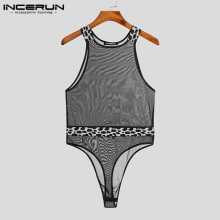 Men Bodysuits Pajamas Leopard Patchwork Mesh See Through Sexy Sleepwear Bodysuit Men Skinny Rompers Underwear S-5XL