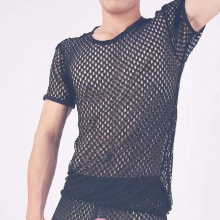Sexy Men Mesh Shirts Sleepwear See Through Loose Mesh Sheer Lounge Top Hollow Out Gay Wear Plus Size F24