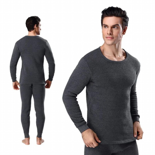 Men Winter Plus Size Thickened Cotton Thermal Underwear Set With Plush Solid Round Collar Undercoat Warm Undershirts 2