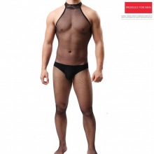 Mens Pullover Fine Mesh Leggings Transparent Ultra-Thin High Stretch Socks Mens Front and Rear Hollow Crotch One-Piece