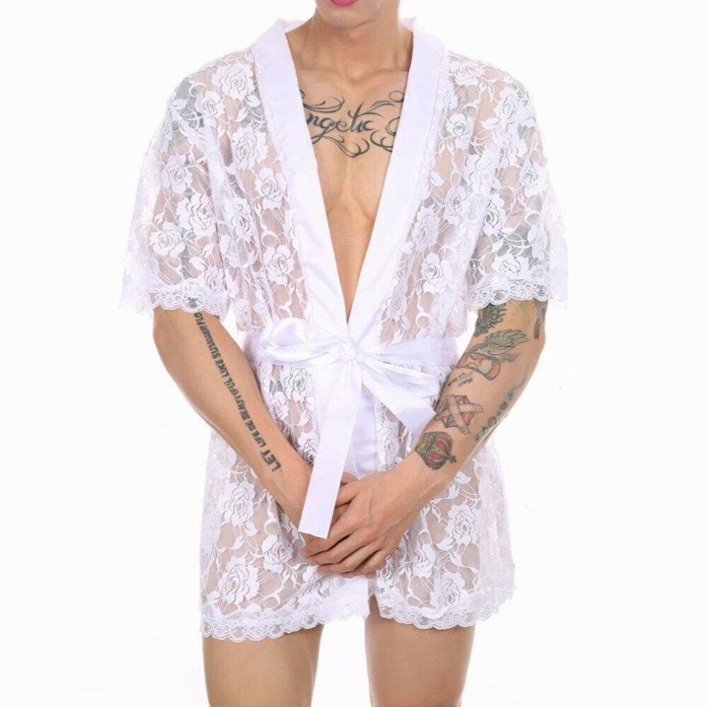 Multicoloured Lingerie Men Robes Thong G-String Floral Lace Mesh See Through Fetish Sissy Nightwear Erotic Gay Bathrobe Underwear Night Robe