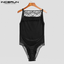 Comfortable Homewear Onesies Mens Sexy Leisure Solid Breathable Mesh Rompers Lace Trim Sleeveless Jumpsuit S-5XL