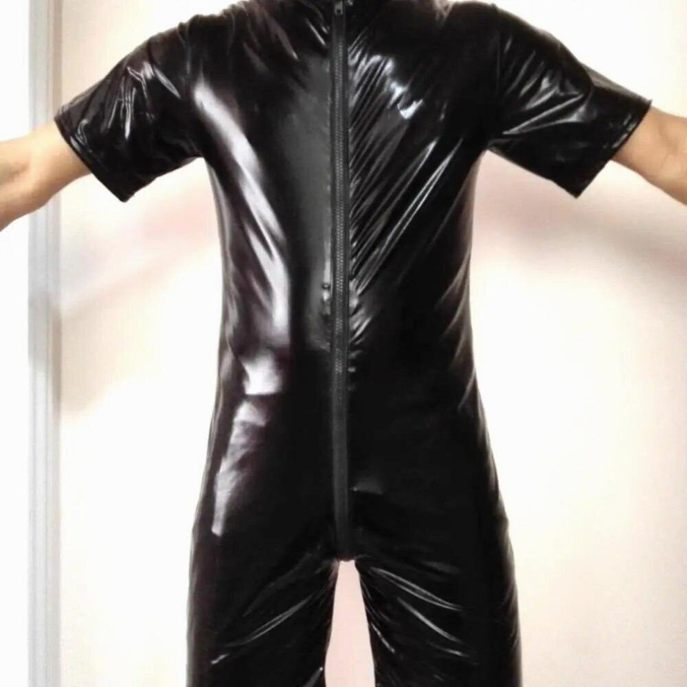 Multicoloured Plus S-3Xl Good Male Pvc Leather Teddy Bodysuit Open Crotch Front Zipper Jumpsuit Mens Fetish Latex Clubwear Catsuit