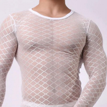 Mens Long Sleeve Erotic Grid Singlet Fishnet Sheer Thin Stretch Sleep Tops Undershirt Sexy Mesh Transparent SleepWear