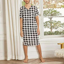 Loose Plaid Printed Men Pajamas Short-sleeved V-neck Casual Homewear One-piece Nightdress Adult Onesie Mens Jumpsuit