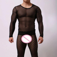 Mesh Pajamas Set Men Sleepwear Sexy Fishnet Long Sleeve Erotic Grid Singlet T Shirt Thin Tops Undershirt Pants