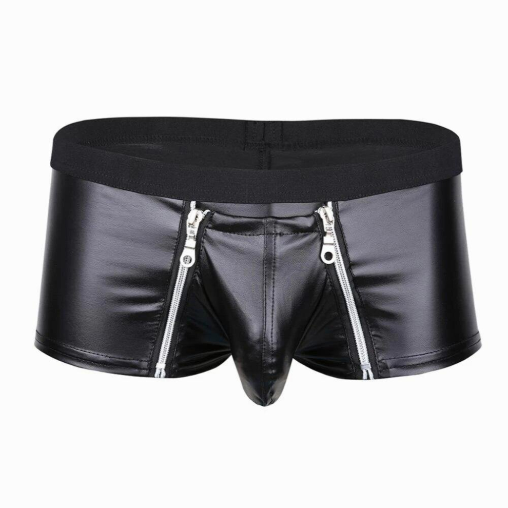 US Men Sexy Lingerie Wetlook Panties Faux Leather Double Zipper Jockstraps Bulge Pouch Clubwear Underwear Underpants