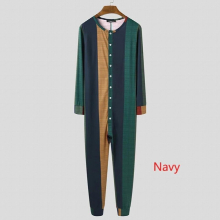Leisure Striped Onesies Homewear Men Pajamas Jumpsuits Long Sleeve V Neck Rompers Sleepwear Fitness Button Nightgown 5XL