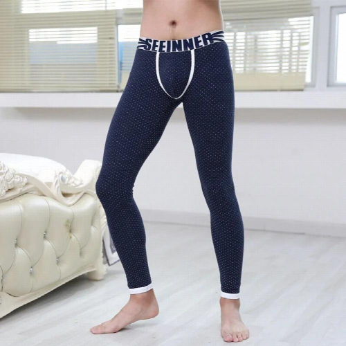 Mens Dot Printed Single Layer Warm Pants Thin Model Based Long Johns U Convex Bag Leggings