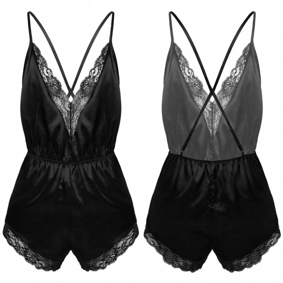 Black Mens Sissy Lingerie V-Neck Pajamas Bodysuit Satin Sleepwear Erotic Teddies Bodysuit Gay Mens Underwear Romper Nightwear